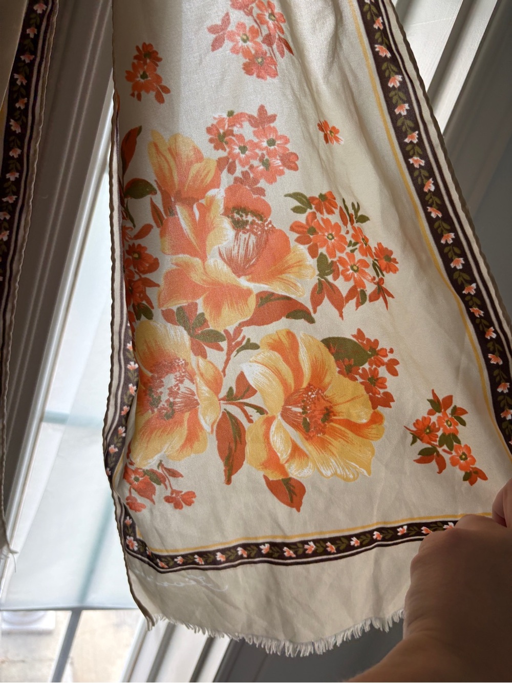 Gorgeous Fiorini Long Scarf Silky Floral Cream Orange Brown Fall Fringe